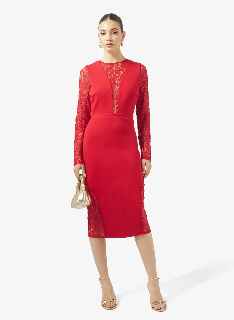 Just Me  Crew Neck Long Sleeve Midi Dress for Women | Best Price UAE